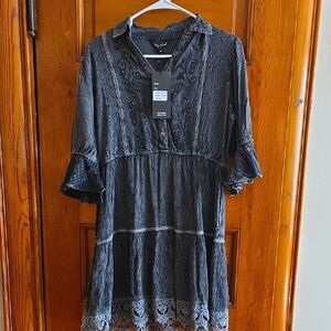 Young Threads Black Embroidered Boho Tunic Dress - V-Neck with Ruffled Sleeves